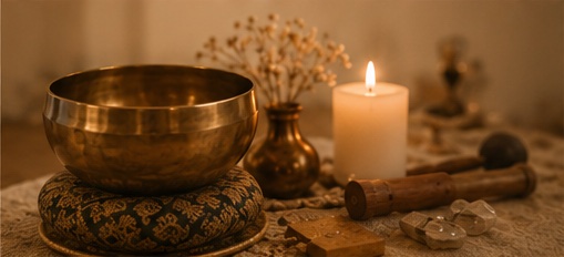 A singing bowl beside a lit candle