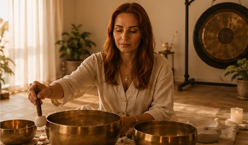 Diana playing Tibetan singing bowls in the studio