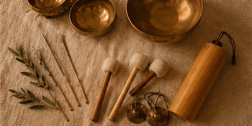 Singing bowls and mallets arranged on linen