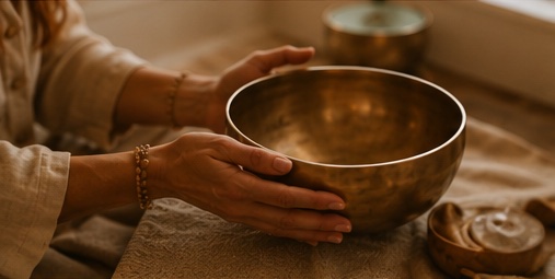 Hands holding a Tibetan singing bowl