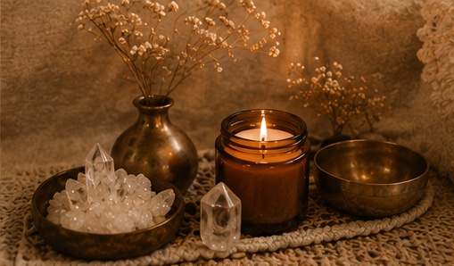 A candle, crystals, and singing bowls
