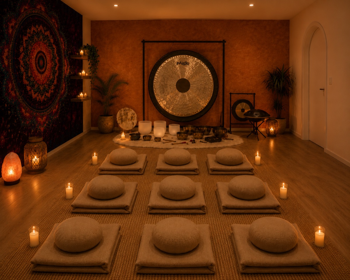 The Inner Wave studio prepared for a group sound bath, mats and cushions lit by candlelight